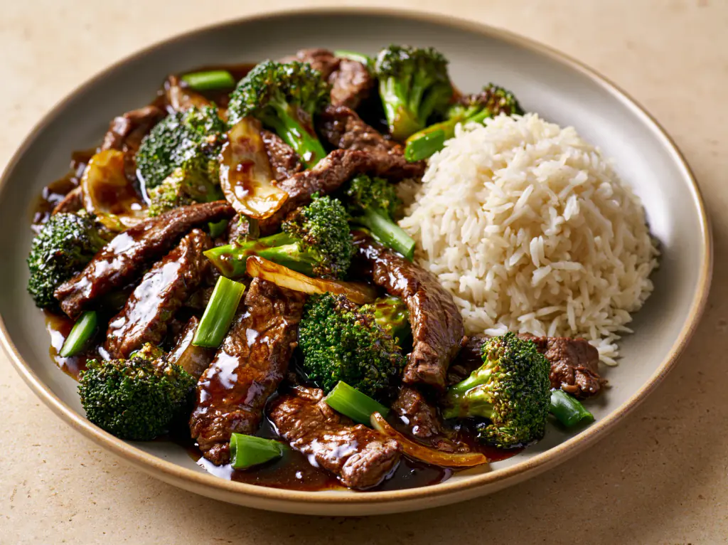 Beef and broccoli stir-fry in a glossy brown sauce, served with white rice