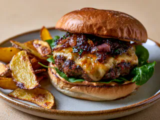 Cheeseburger with caramelized onions, served with roasted potato wedges