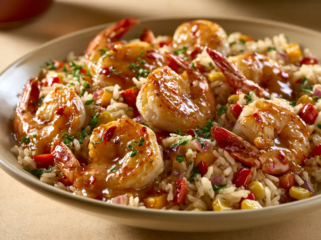 Glazed shrimp on rice with diced red peppers and corn, sprinkled with parsley