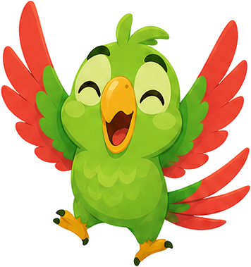 Smiling Zorivio parrot mascot with open wings